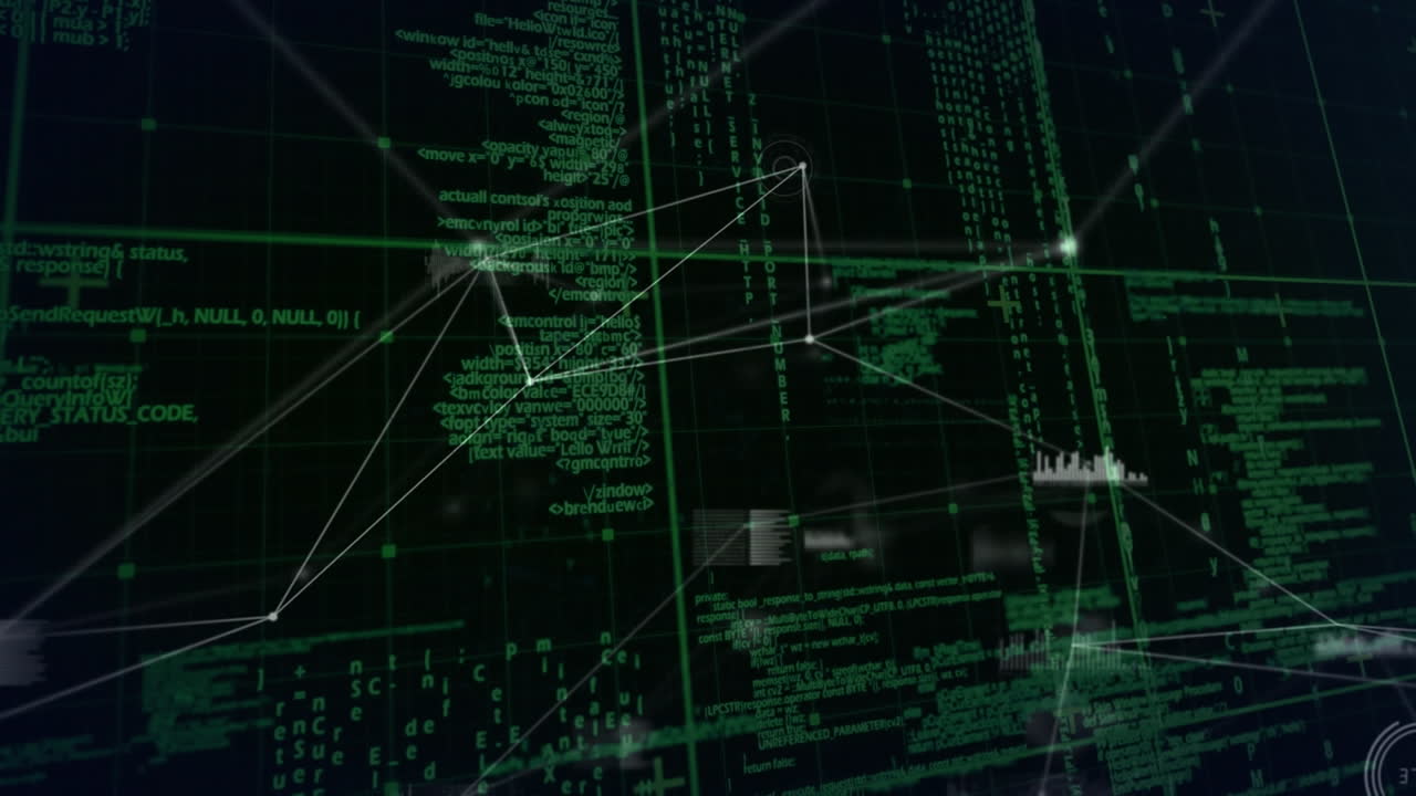 Animation of network of connections with icons over data processing