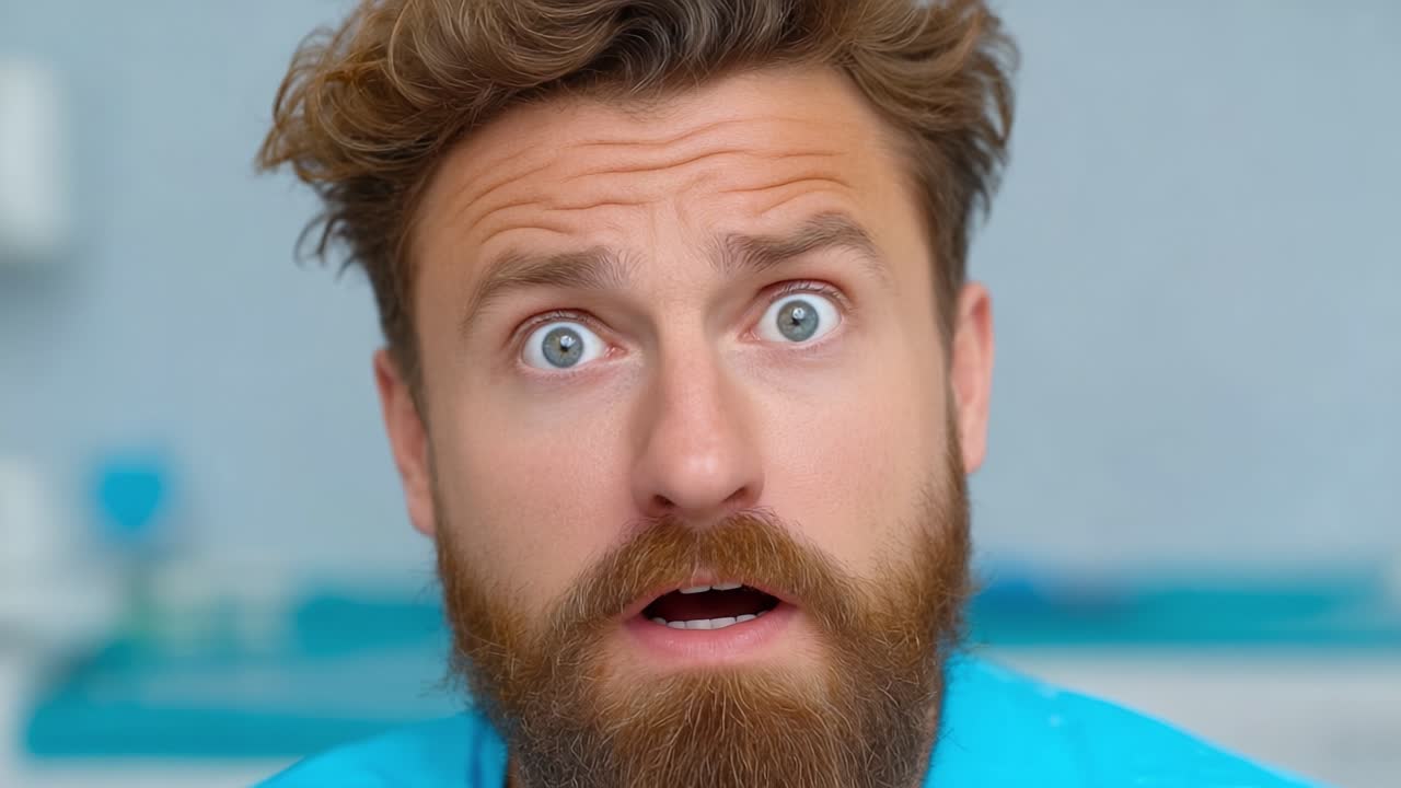 Un Uomo Mostra un Ventaglio di Emozioni, Passando dalla Sorpresa allo Shock, Evidenziando le Reazioni Umane in Risposta a Eventi o Notizie Inaspettate