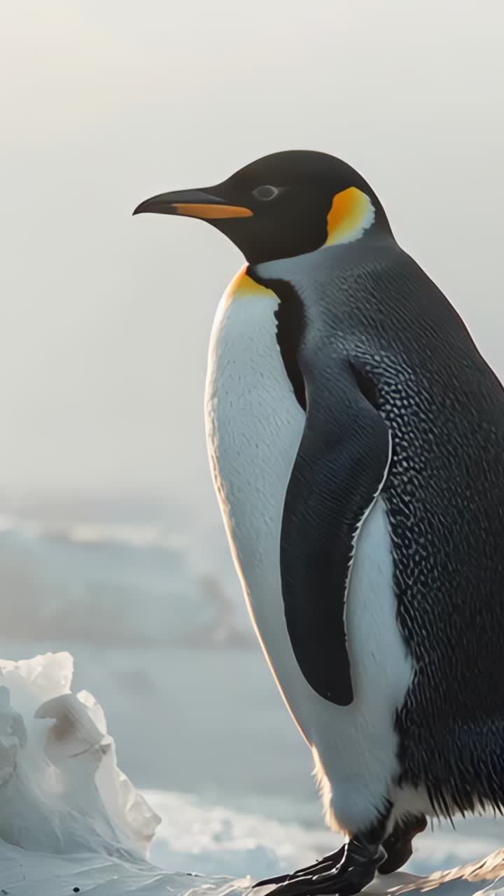Vertical video: Shifting emperor penguin stance turning head on ice floe, observing icebergs