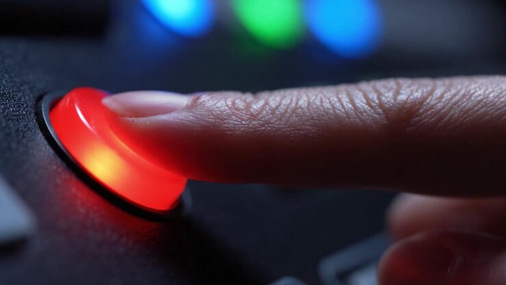 Una vista ravvicinata di un pulsante rosso brillante premuto su un pannello di controllo circondato da luci LED colorate, che significano attivazione e funzionalità.