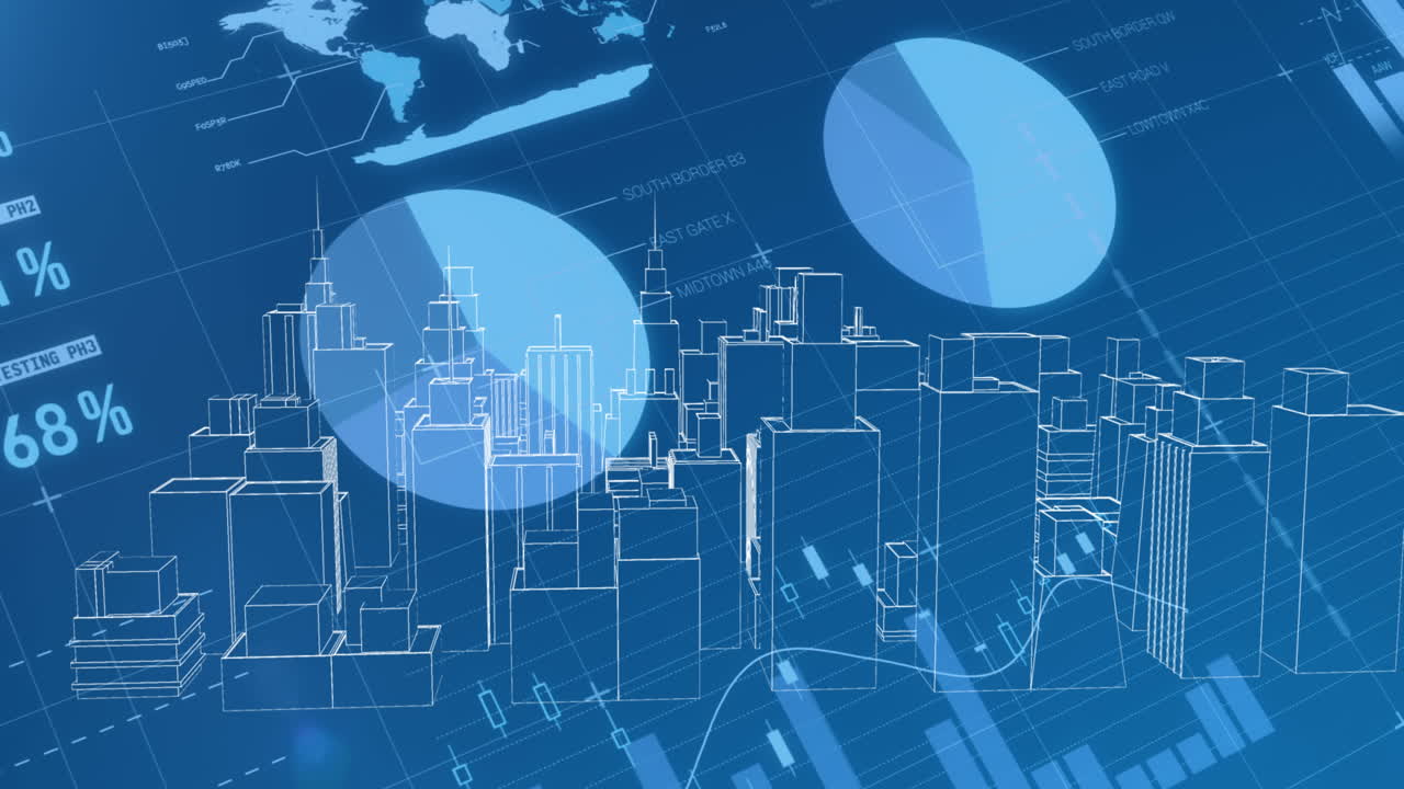 파란색 배경에 데이터 처리를 통해 디지털 도시의 애니메이션