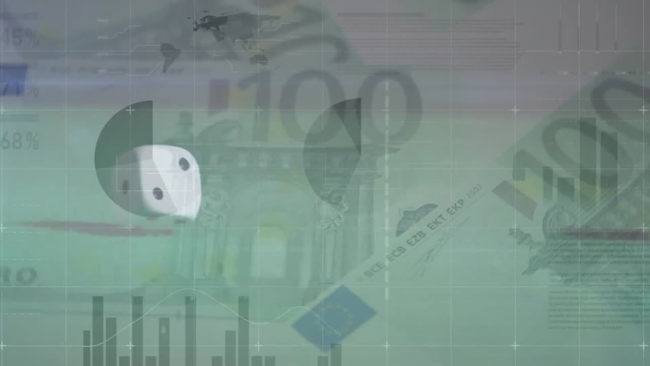 두 개의 주사위와 백그라운드에서 유로 통화 지폐에 대한 금융 데이터 처리 애니메이션