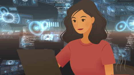 mujer usando icono de computadora portátil contra múltiples escáneres redondos y procesamiento de datos