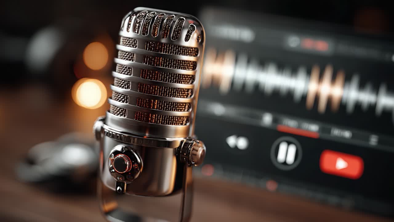 A Close-Up View of a Vintage Microphone Captured on a Desktop, Accompanied by a Digital Audio Interface Displaying Sound Waves and Playback Controls