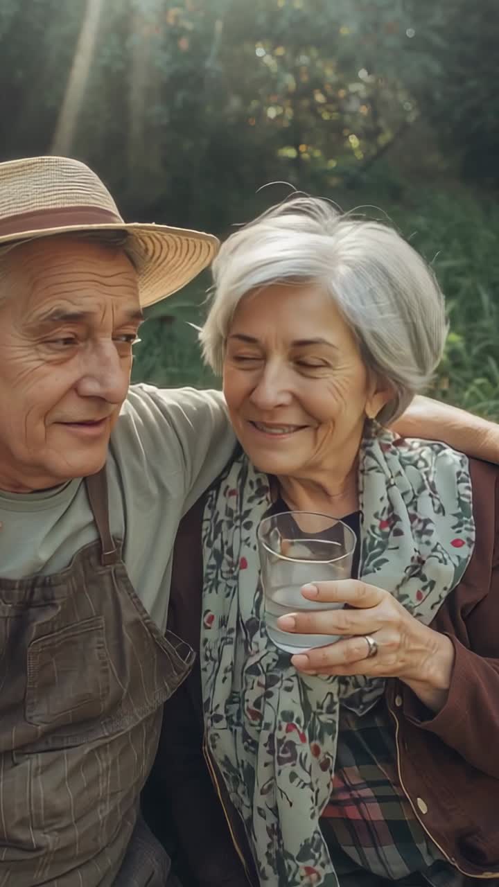 Vídeo vertical: mujer levantando una copa, pareja de ancianos intercambiando miradas afectuosas en un banco del jardín, sombrero de paja