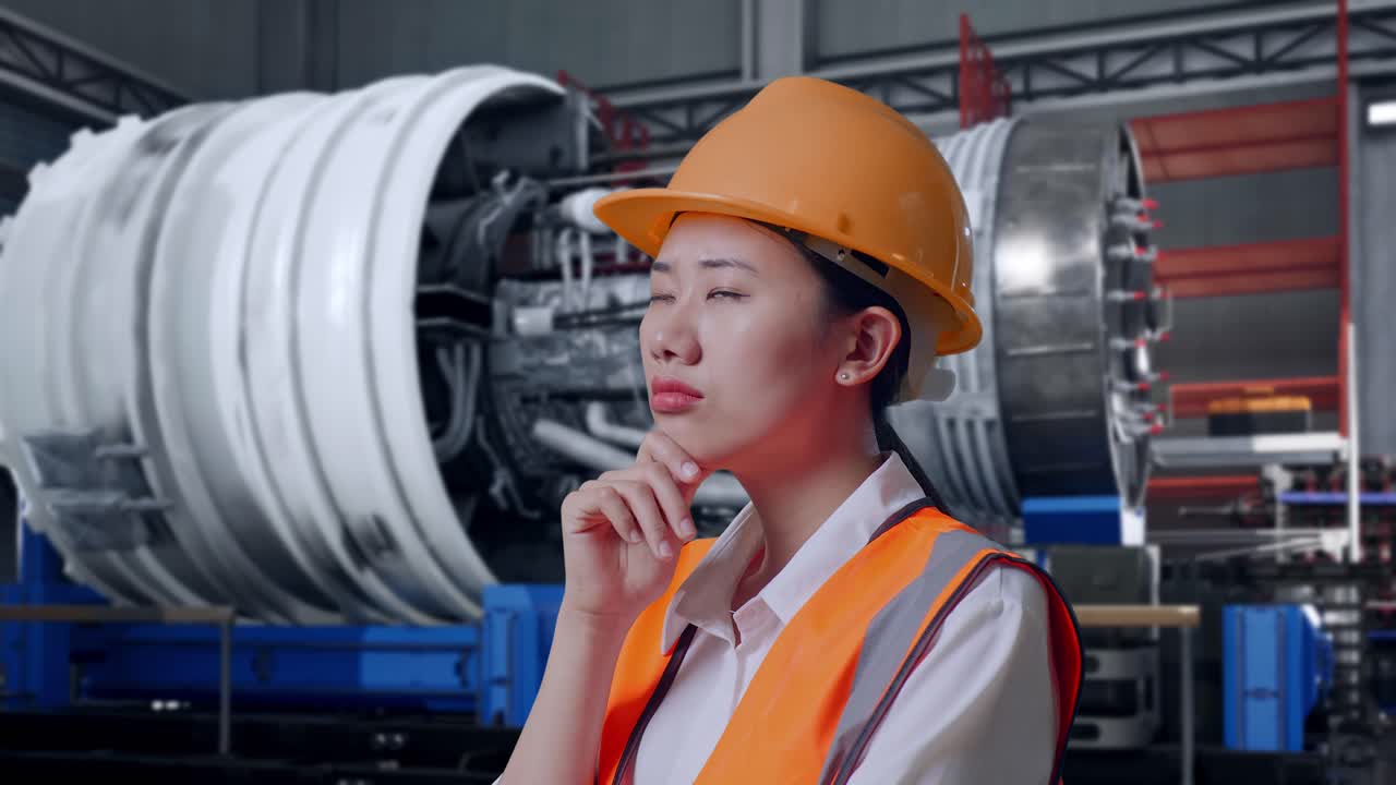 Close Up Side View Of Asian Female Engineer With Safety Helmet Thinking About Something And Looking Around While Standing With Airplane Engine Maintenance Conducted