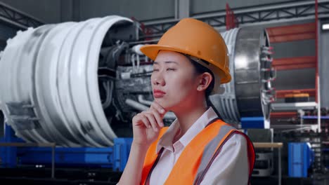 close up side view of asian female engineer with safety helmet thinking about something and looking around while standing with airplane engine maintenance conducted