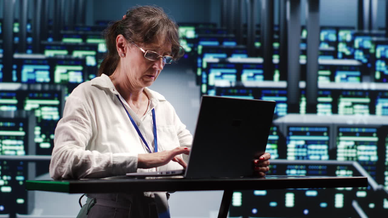 Serviceman with tablet fixing servers