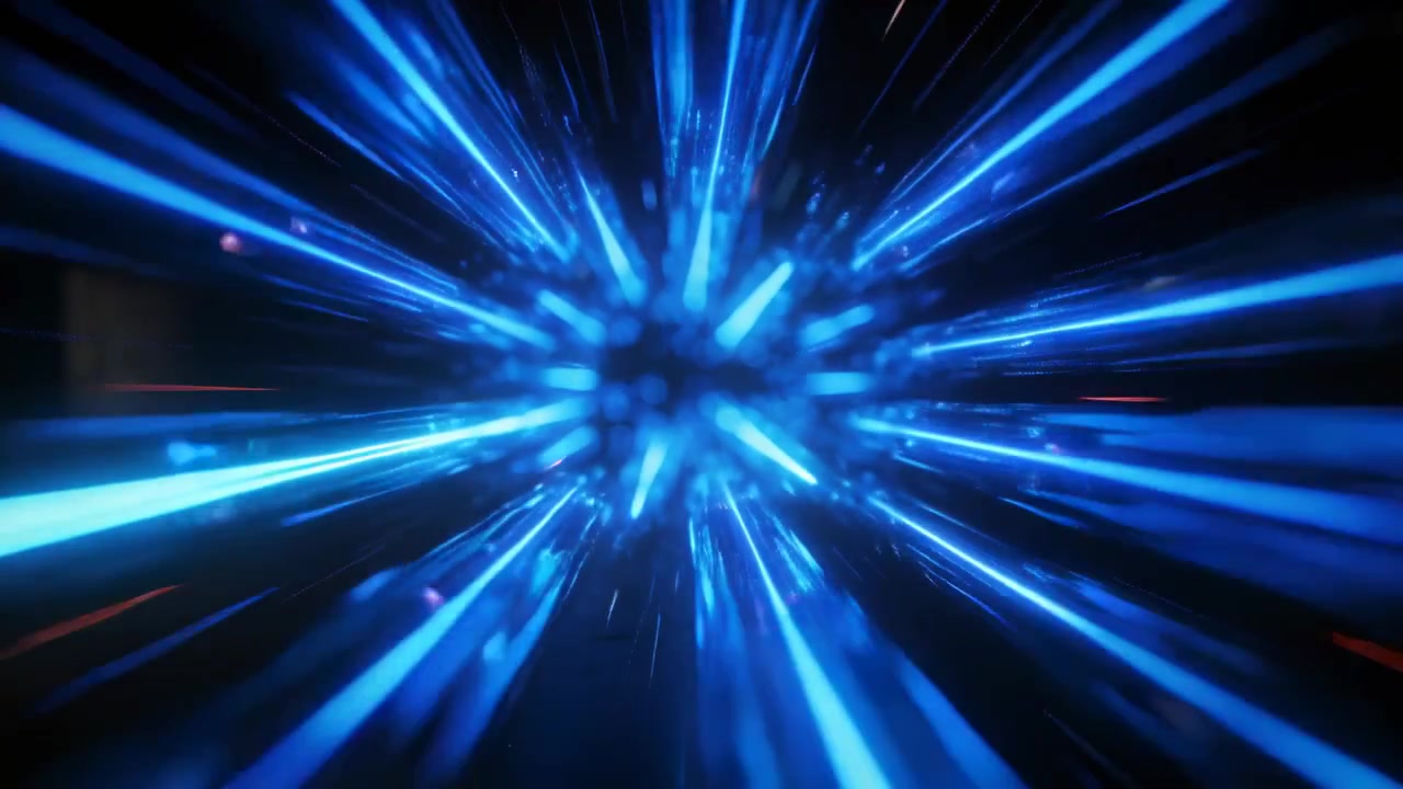 Pulsing glowing core sending neon-blue beams streaking through dark void, with orange sparks