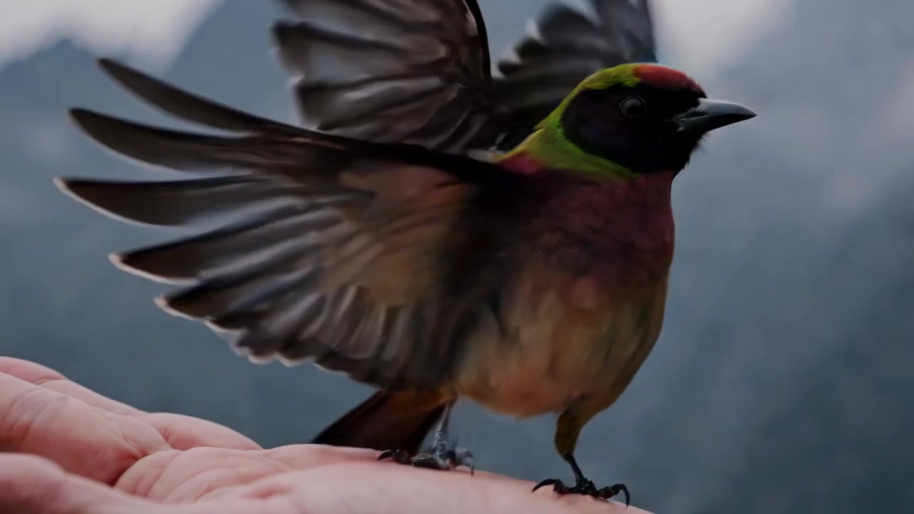 Piccolo uccello colorato appollaiato su una mano umana in un paesaggio montano