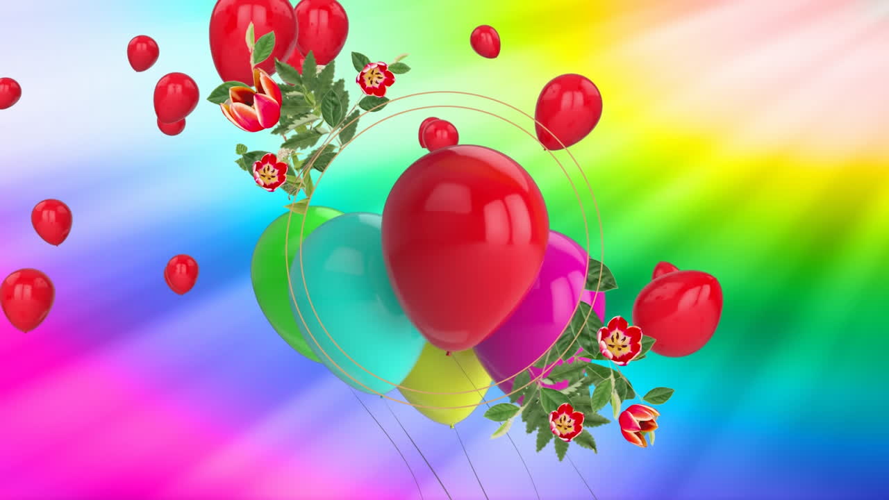 animación de una pancarta floral con espacio de copia sobre globos que flotan contra el fondo del arco iris.