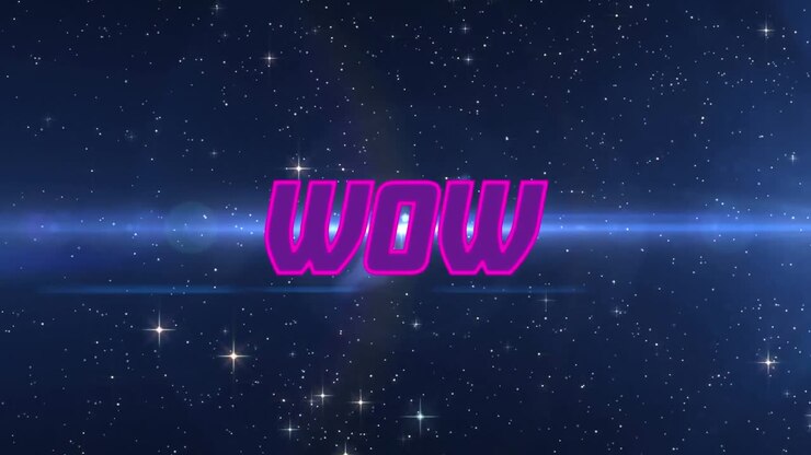Animation of wow text over blue lights and stars on black background