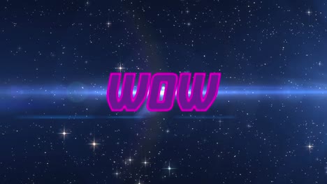 animation of wow text over blue lights and stars on black background