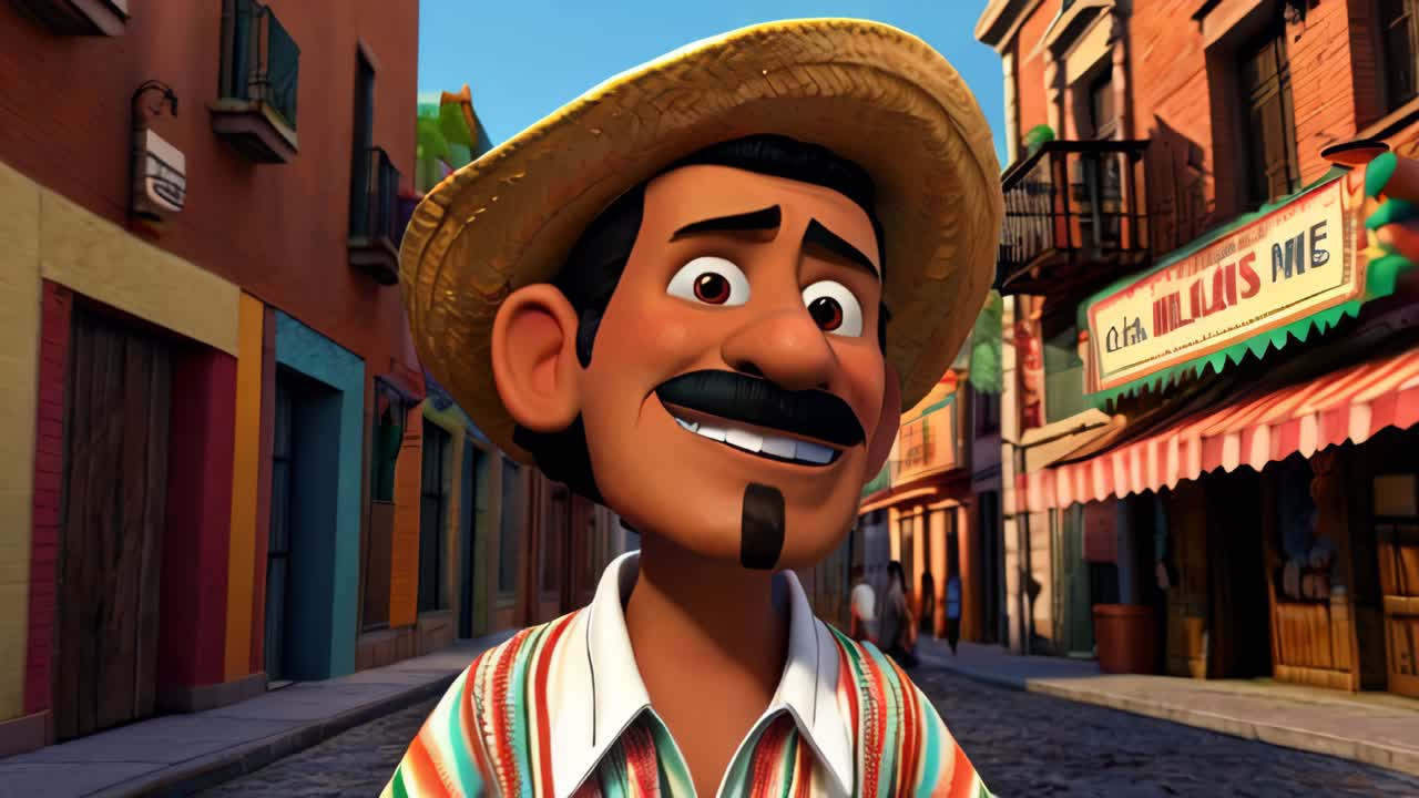 A man wearing a straw hat and a mustache is smiling in front of a building