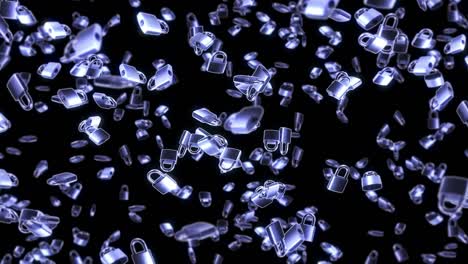 volando muchos candados de plata en fondo negro. concepto de seguridad o protección secreta. animación 3d de candados girando. animación de bucle.