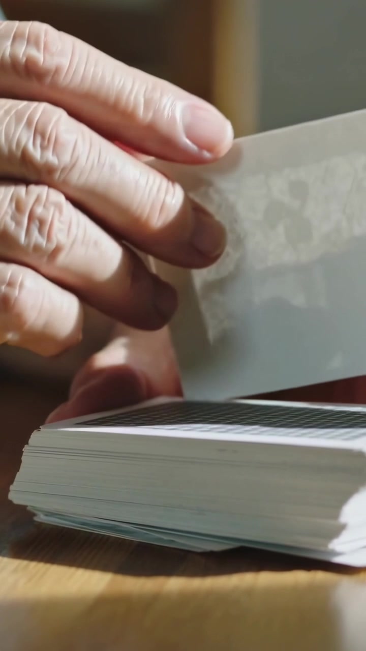 Vertical video: Lifting top card teal sleeve hands fanning white cards on wooden table