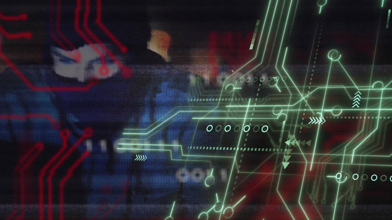 animación de procesamiento de datos sobre circuitos integrados y hacker caucásico