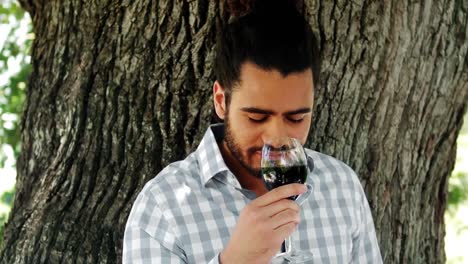 man drinking glass of red wine