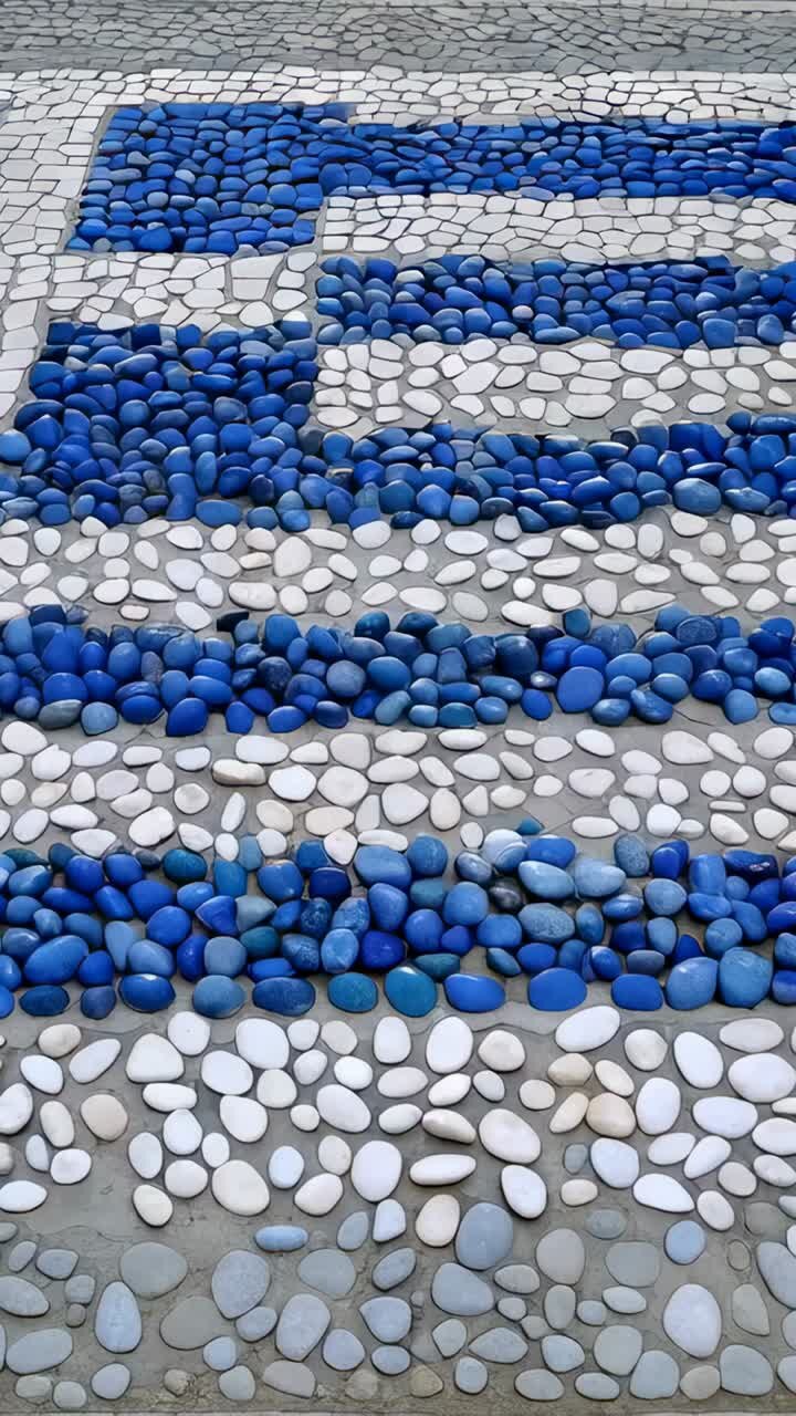 Vertical video: Tilting camera upward to show blue pebble mosaic in hall, box motif and tile sheen