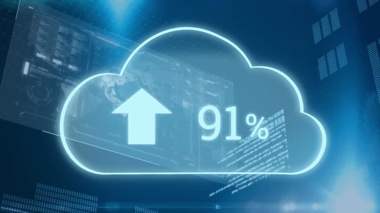 Upload progress clouds and a futuristic interface with program codes