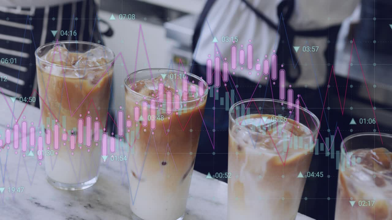 Barista lifting jug and pouring espresso to form layered latte glasses for coffee shop branding