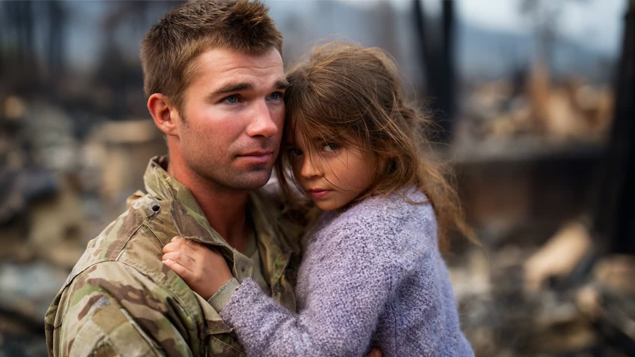A poignant moment captured between a soldier and a young girl amidst the aftermath of devastation, showcasing the deep emotional bond during a time of crisis and uncertainty as they seek comfort in each other