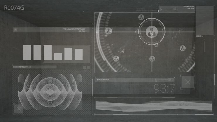 Animation of interface with data processing against grey empty room