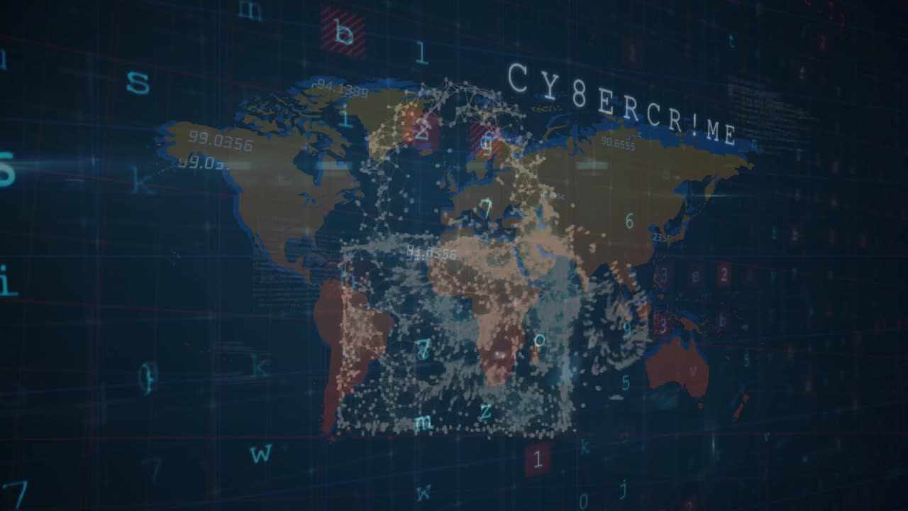 Animation of cyber security concept icons and data processing against world map on blue background