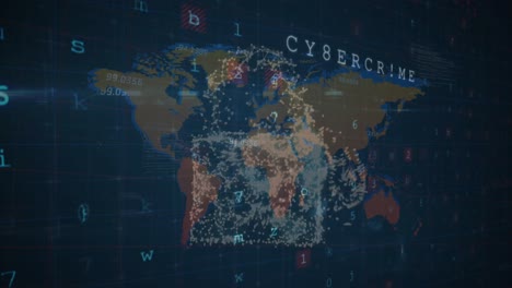 Animación-De-Iconos-De-Concepto-De-Seguridad-Cibernética-Y-Procesamiento-De-Datos-Contra-El-Mapa-Mundial-Sobre-Fondo-Azul