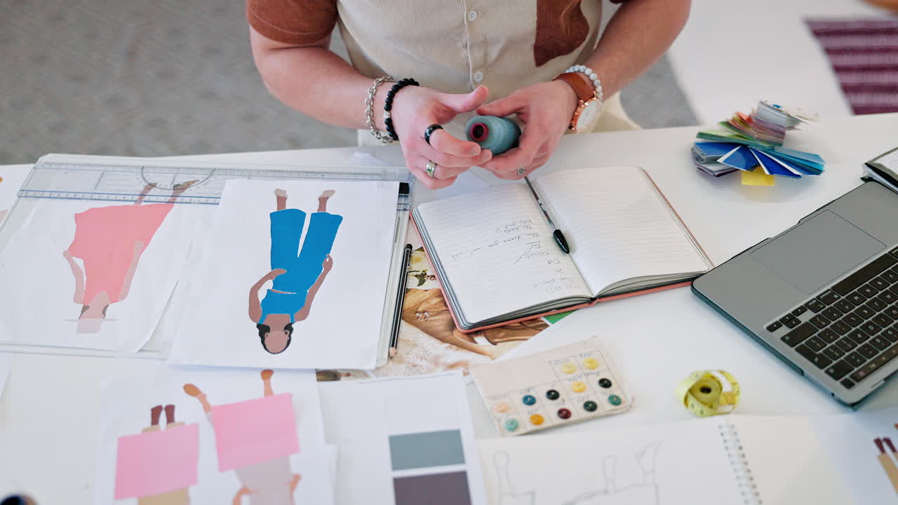 노트북, 패션 디자이너 또는 손 글쓰기 연구