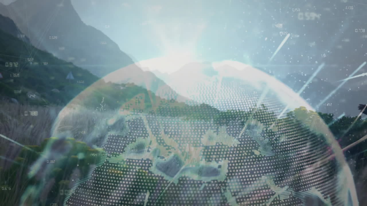 male runner jogging through meadow misty peaks with globe and data overlays for health technology