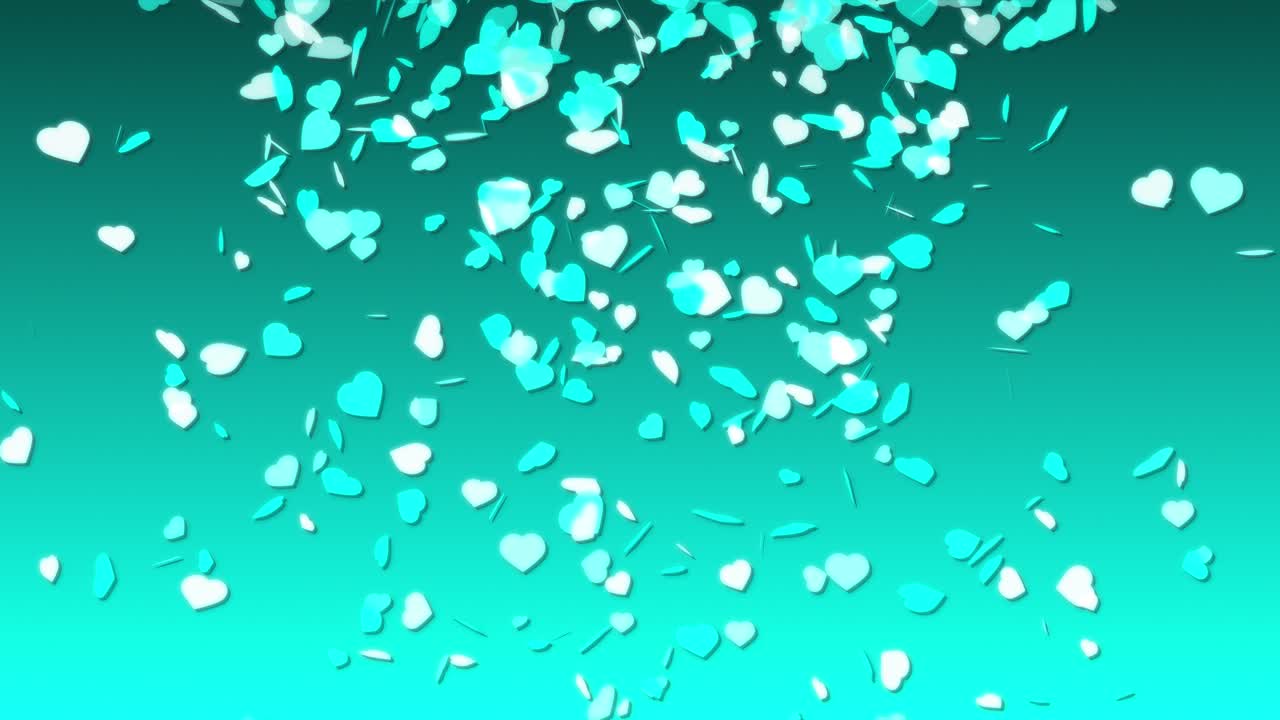 하늘에서 떨어지는 사랑, 로맨스, 하늘에서 떠다니는 애니메이션, 빛나는 부드러운 모양, 그라디언트 상의 상징, 배경 색상, 시각적 효과, 3d 다이내, 푸른색, 아쿠아, 코이즈.