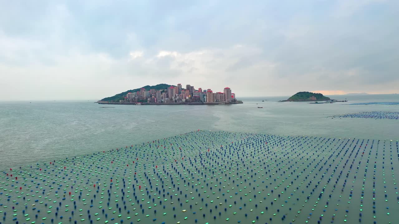 Expansive view of abalone farming off the coast of Gaobei Island in Putian City, Fujian Province, China.