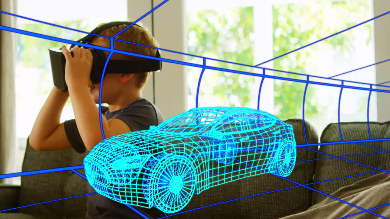 animación de dibujo técnico 3d de un coche, sobre un niño en casa con auriculares vr