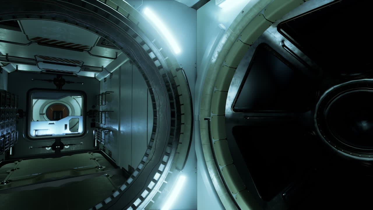 우주선 내부의 전망: 둥근 문이 열리고 복도는 파란 빛으로 조명됩니다.