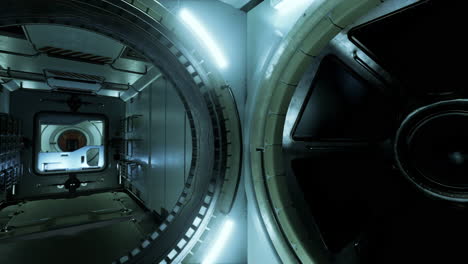 una vista del interior de una nave espacial. la puerta redonda está abierta y el pasillo está iluminado por luces azules.