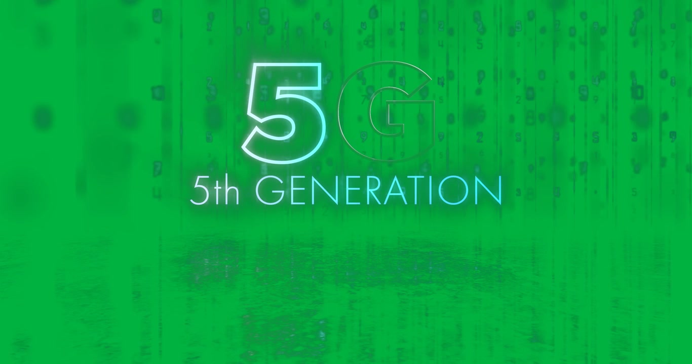 Animazione del testo 5G quinta generazione in lettere e numeri al neon blu che cambiano su sfondo bianco.