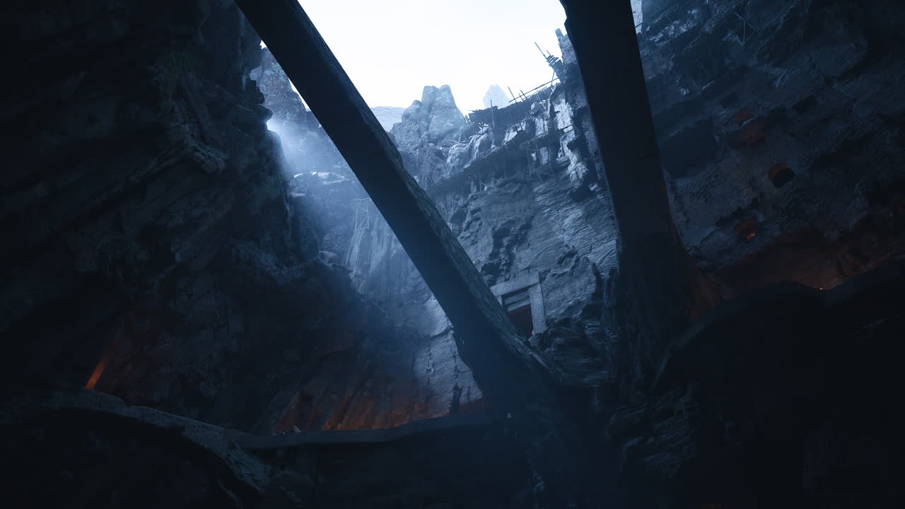 explorando un cañón oscuro con altas formaciones rocosas y una atmósfera brumosa