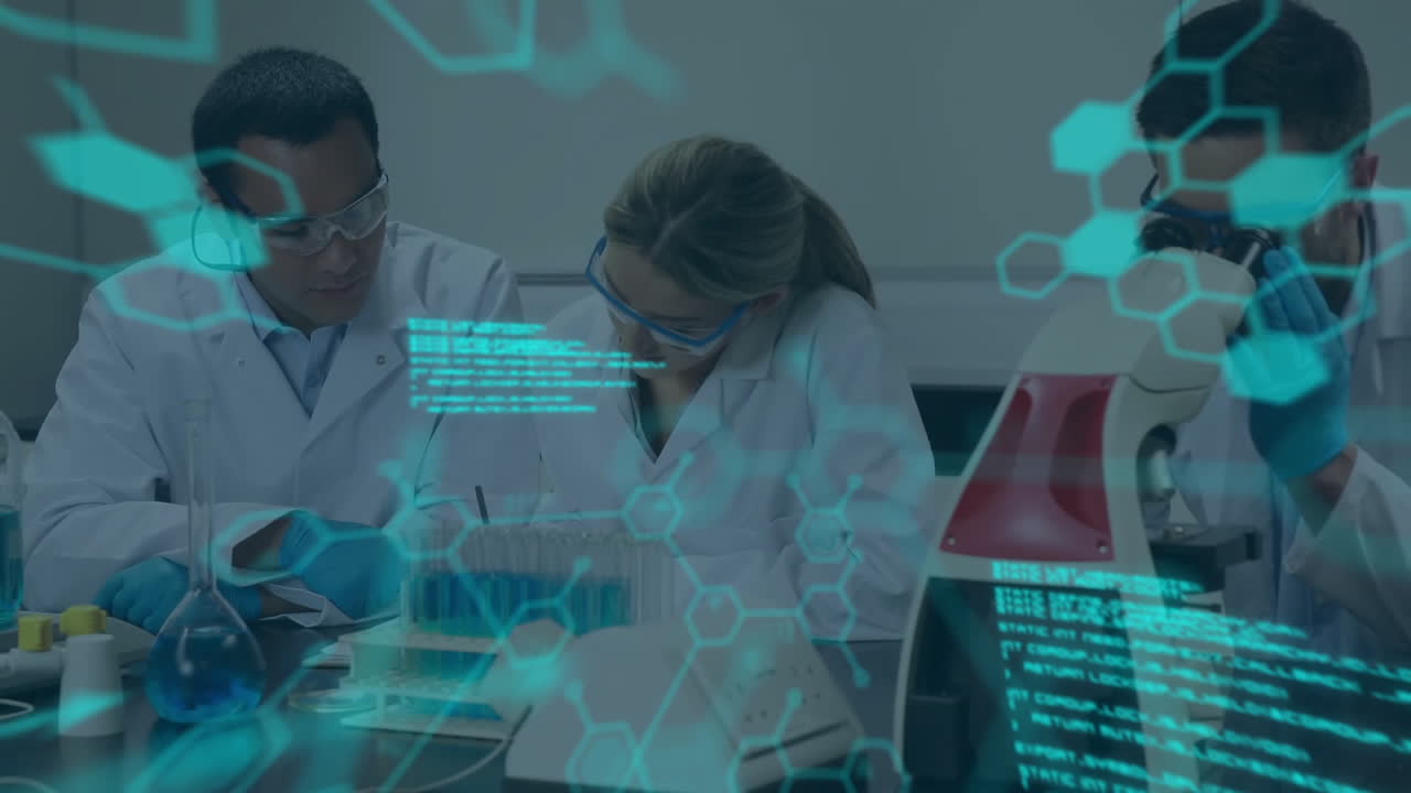 animación del procesamiento de datos científicos sobre diversos científicos en el laboratorio