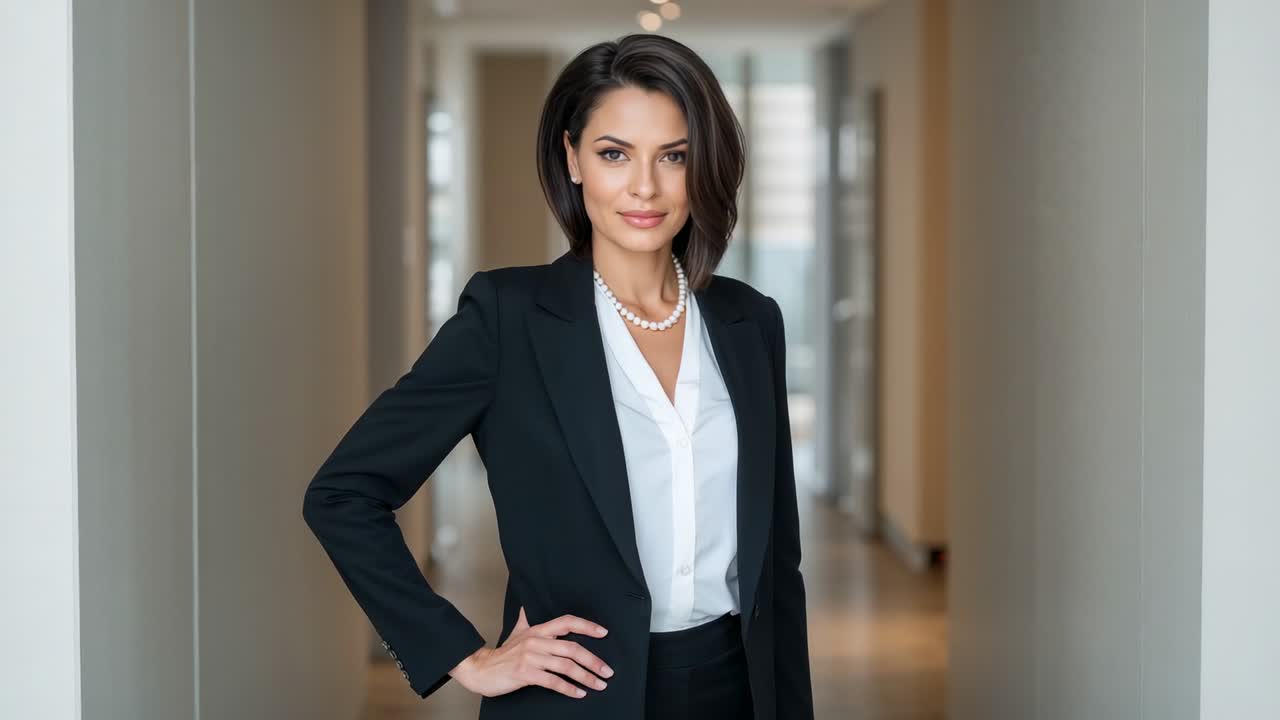 Camera starting recording executive shifting smile in office corridor, featuring suit jacket