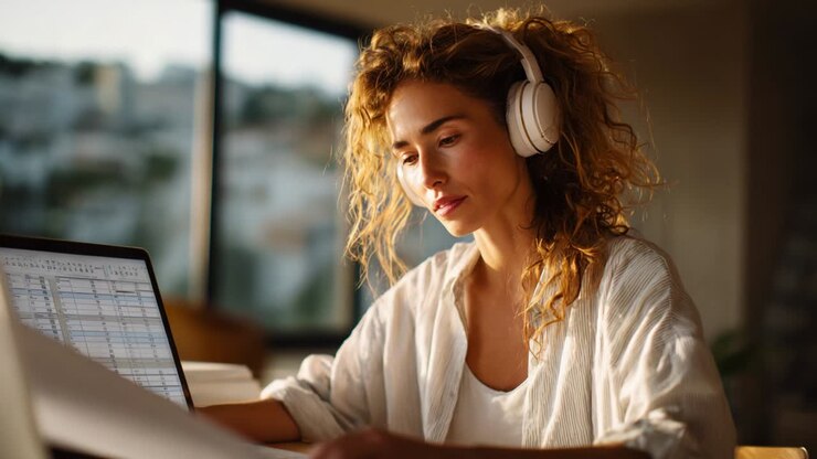 Giovane donna concentrata con cuffie che lavora al laptop mentre studia o svolge un'attività creativa in un moderno spazio di lavoro luminoso con luce naturale e atmosfera piacevole