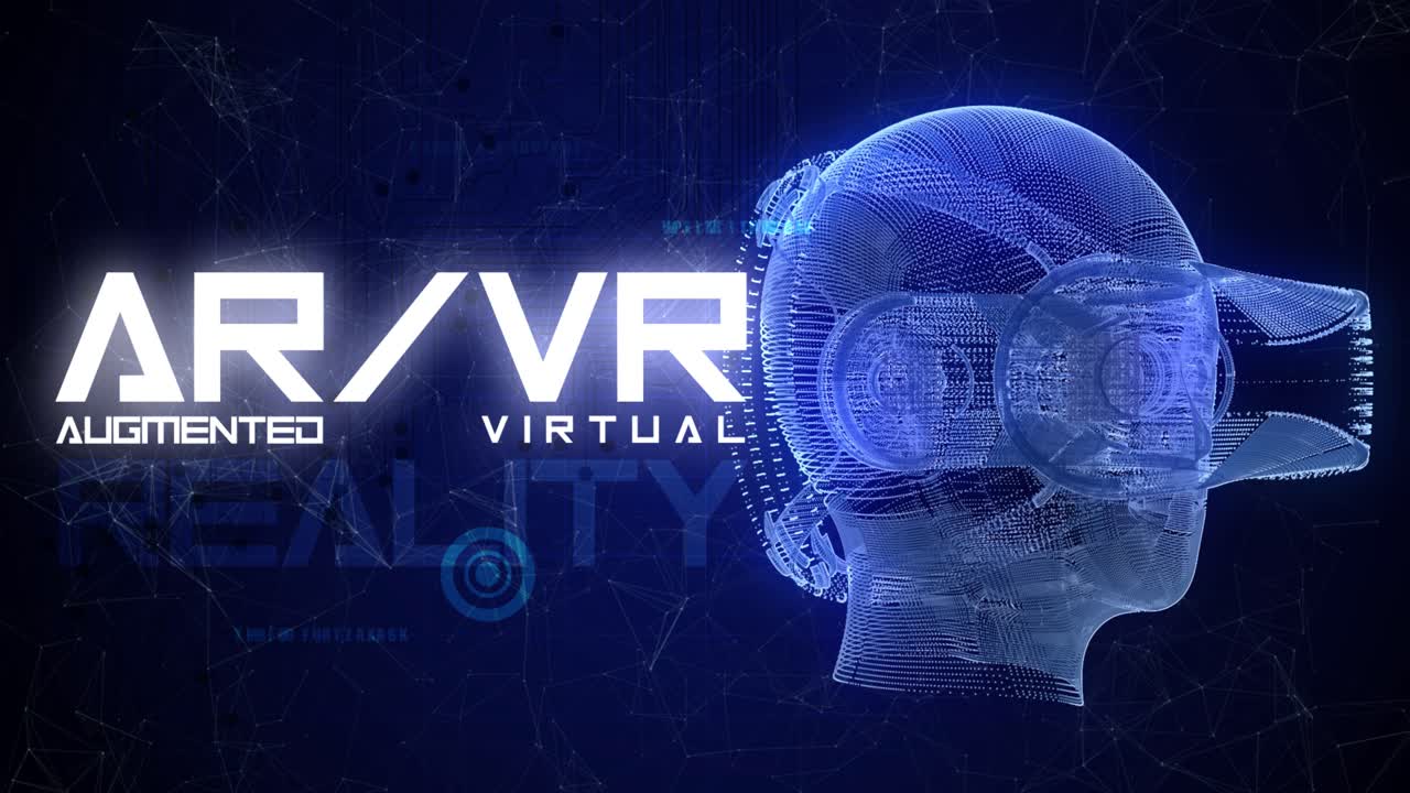 animación gráfica vfx de alta calidad que representa tecnología emergente en el espacio de realidad aumentada de realidad virtual, con cabeza giratoria con gafas vr, diseño de plexo abstracto, en esquema de color azul