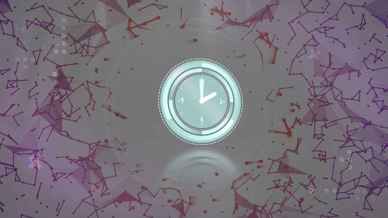 Animation of network of connections with clock over grey background