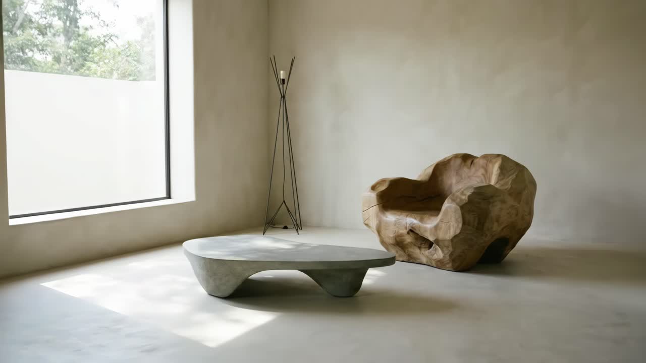 Interno moderno minimalista con poltrona in legno organico e tavolo in cemento