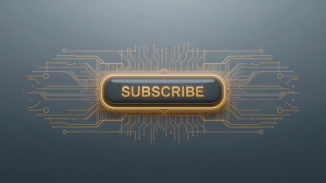 Pulsing SUBSCRIBE button sending electric pulse across tech stage drawing focus with gold circuitry