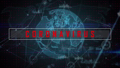 animación de texto de coronavirus covid-19 en todo el mundo, redes de conexiones y procesamiento de datos
