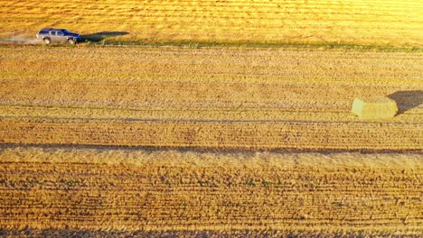 Car in field on country road. Aerial view of cars passing through the field