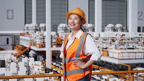 vista lateral de una ingeniera asiática con casco de seguridad en el almacén con estantes llenos de productos de entrega. de pie con los brazos akimbo mirando a su alrededor, comprobando el stock en los estantes