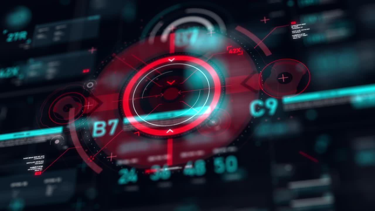 Target pointer and Futuristic user interface HUD GUI digital text number element for cyber technology concept with shallow depth of field dark and grain processed