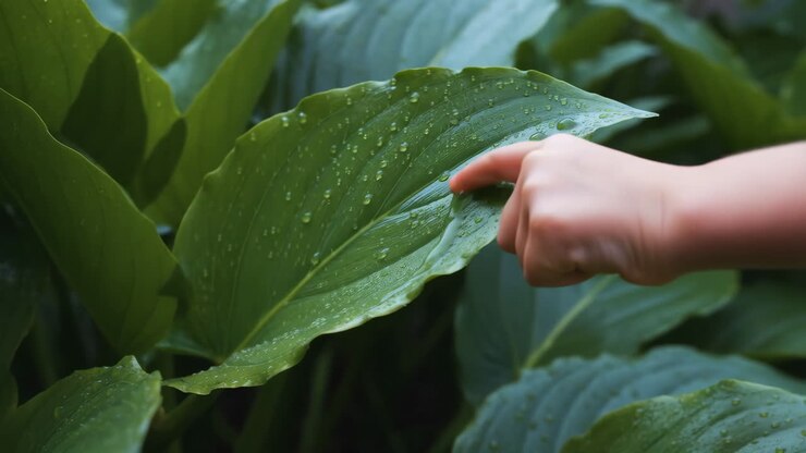 Mano di bambino che tocca delicatamente una foglia verde bagnata con goccioline d'acqua